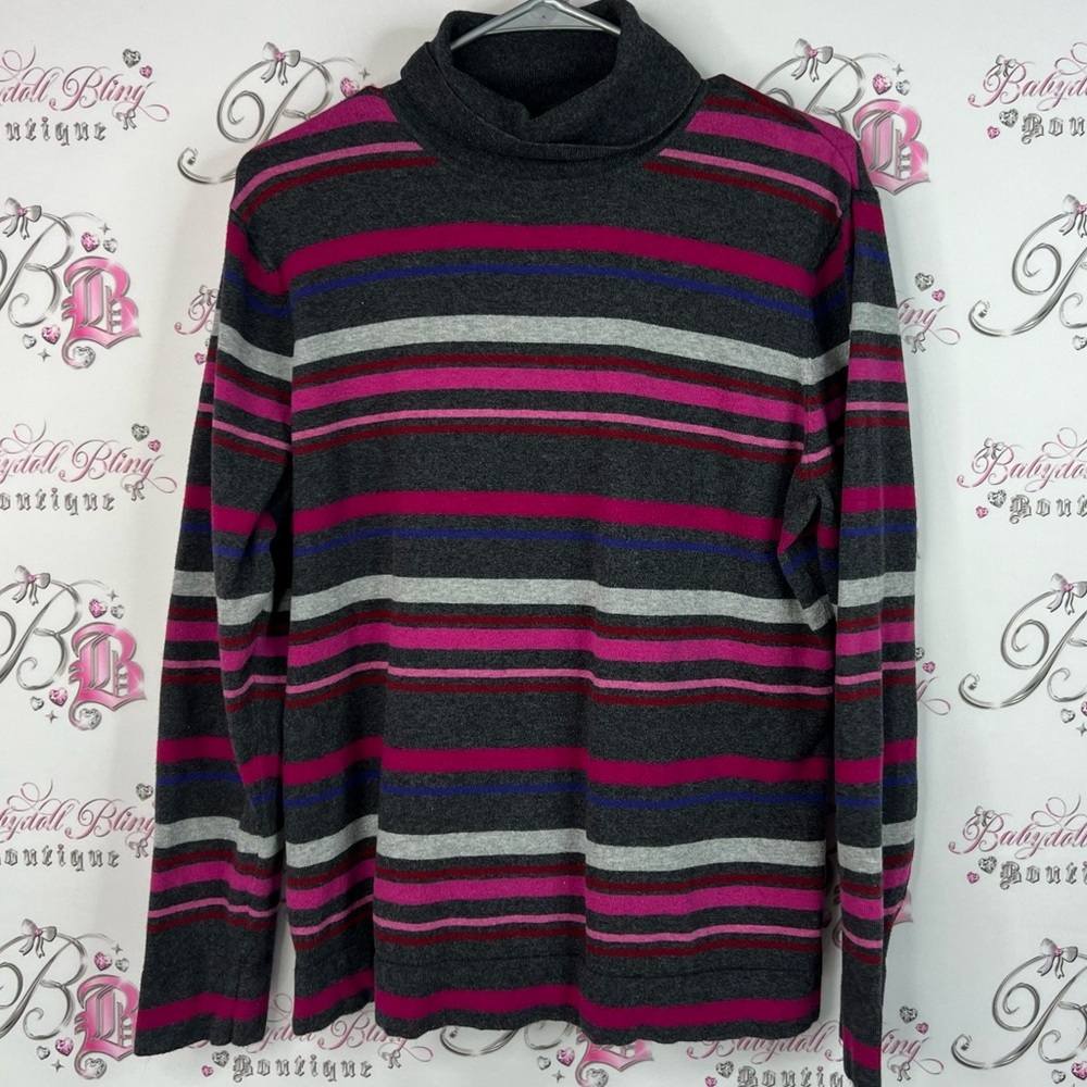 Eddie Bauer turtleneck long sleeve grey blue and Pink Striped Sweater